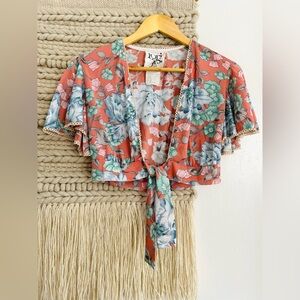 VINTAGE 70s Boho Floral Cropped Tie Top